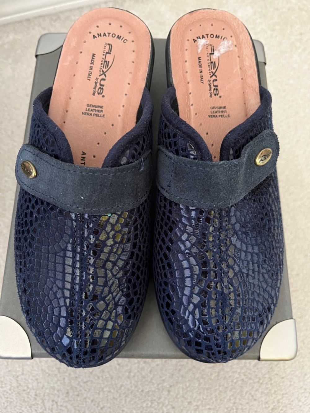 Flexus Navy Blue Perforated Leather Slip-On Mule/NEW!/Made in Italy